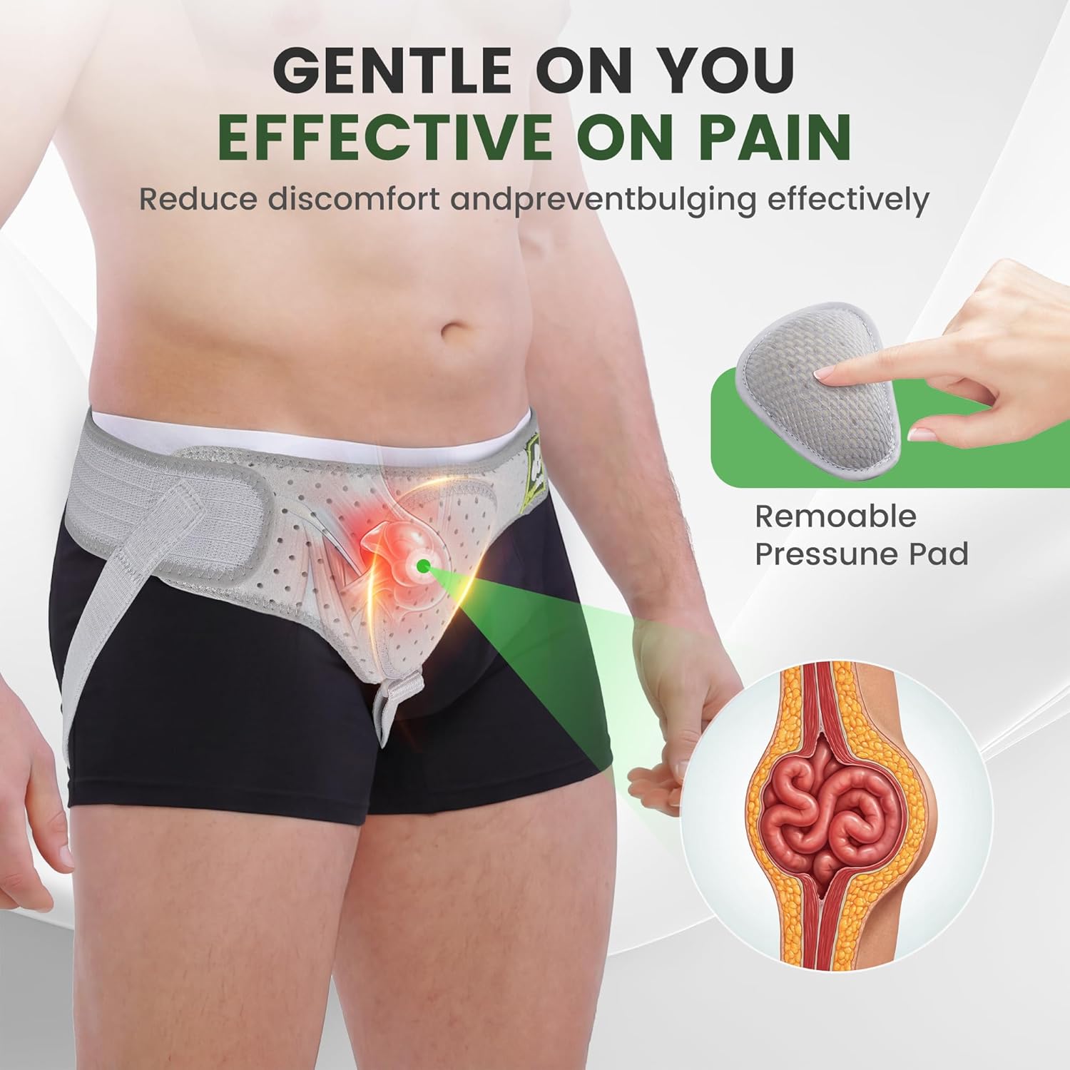 Herniengürtel; Leistenbruchgürtel für Damen und Herren – Leistenbruchbandage links und rechts tragbar – flexibel verstellbarer Leistenbruchgürtel S – Bild 2