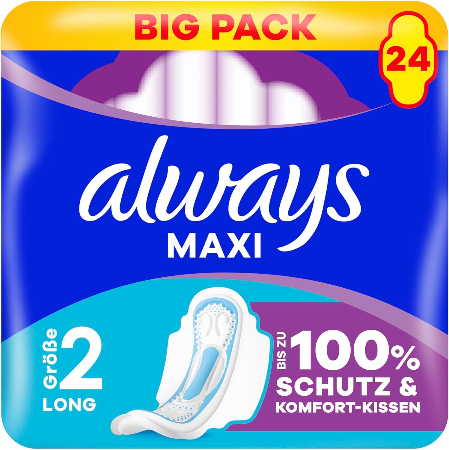 Always Maxi-Long-Damenbinden (Größe 2) mit Flügeln, 24 Stück für stärkere Tage, Damenbinden, bis zu 100 % Schutz und Komfortkissen