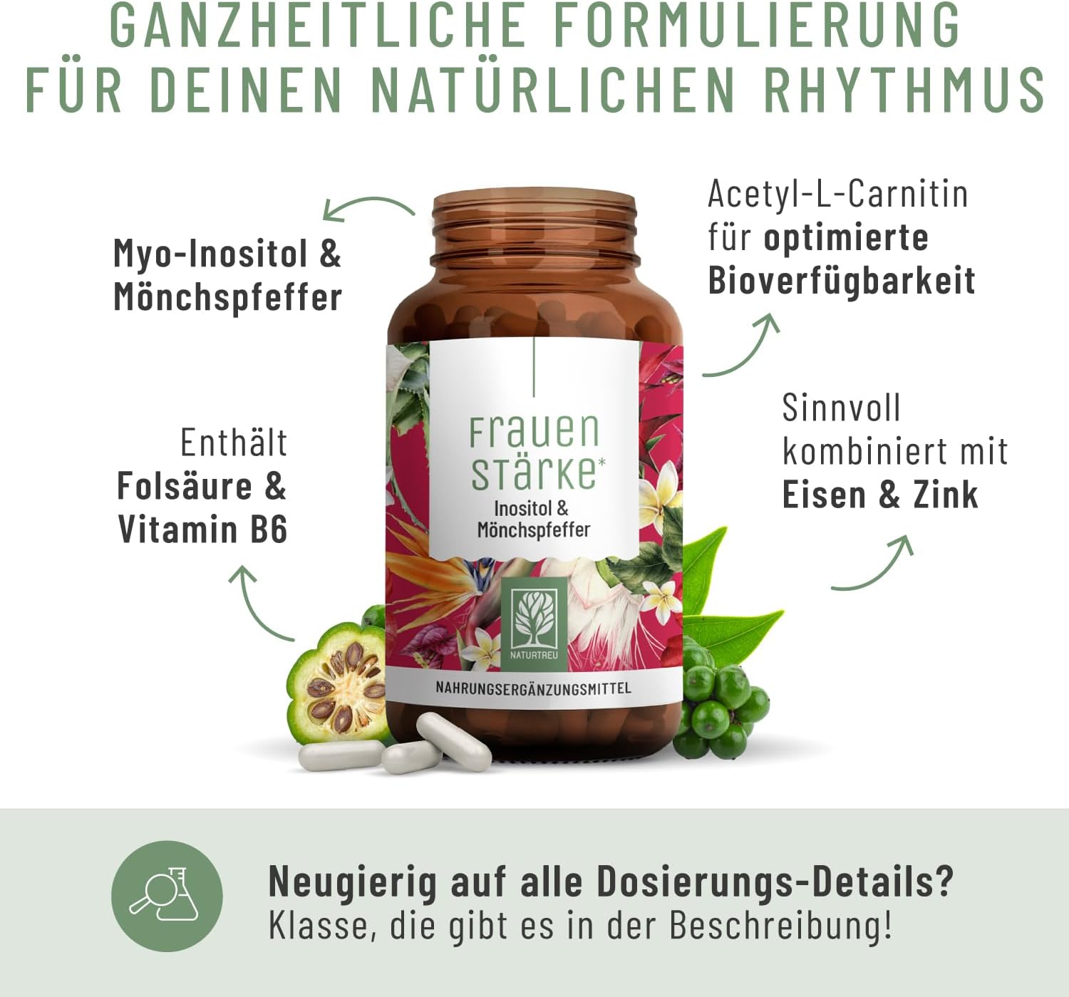 NATURTREU® Frauenstärke Myo-Inosit & Mönchspfeffer, hochdosiert – 90 Vitaminkapseln für Frauen mit L-Carnitin, Folsäure, B12 & Eisen – Vitex Agnus-Castus – Bild 6