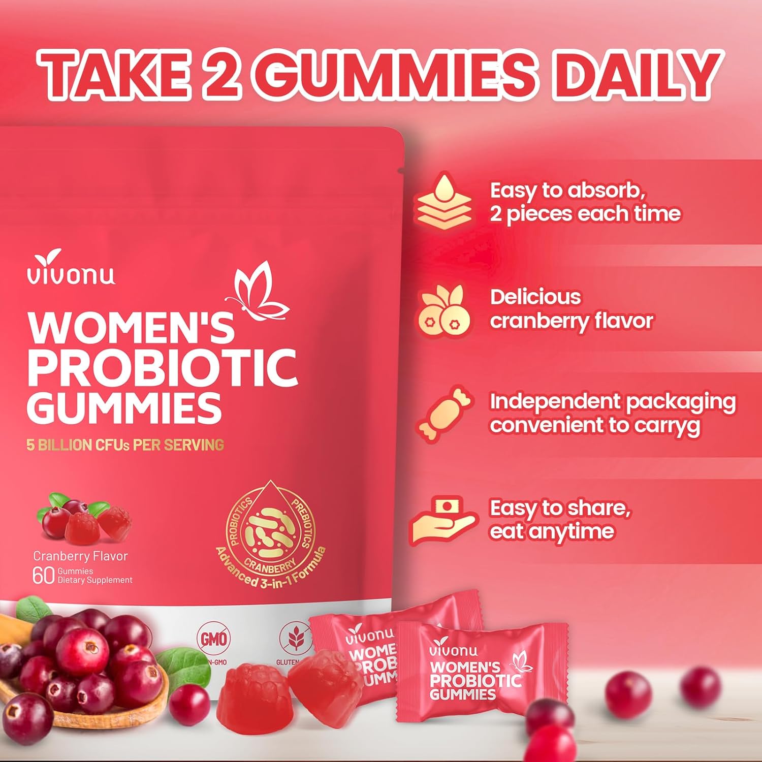 VivoNu Vaginale Probiotika für Frauen – Probiotische Gummis für den Intimbereich und die vaginale Gesundheit, mit Cranberry und Präbiotika, Unterstützung des pH-Gleichgewichts, Probiotikum für Frauen, 60 Gummis – Bild 6