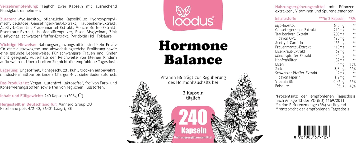 Hormonbalance Frauen – 240 PMS-Kapseln mit Myo-Inositol OPC Goose Finnisches Acetyl-L-Carnitin Frauenmantel Mönchspfeffer Hochdosiert & B6-4-Monatsvorrat – PMS Complex loodus – Bild 9