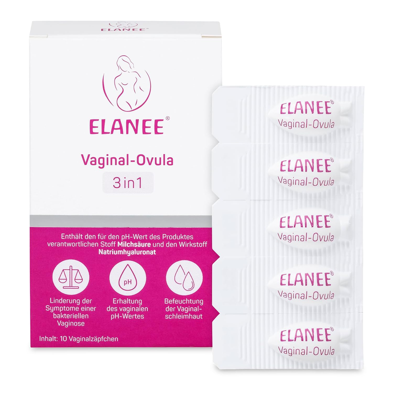 ELANEE Vaginal-Ovula 3-in-1 – Lindert Symptome einer bakteriellen Vaginose, befeuchtet die Vaginalschleimhaut, erhält den pH-Wert – gegen Juckreiz, Brennen und Trockenheit, 10 Vaginalzäpfchen (738-V1)