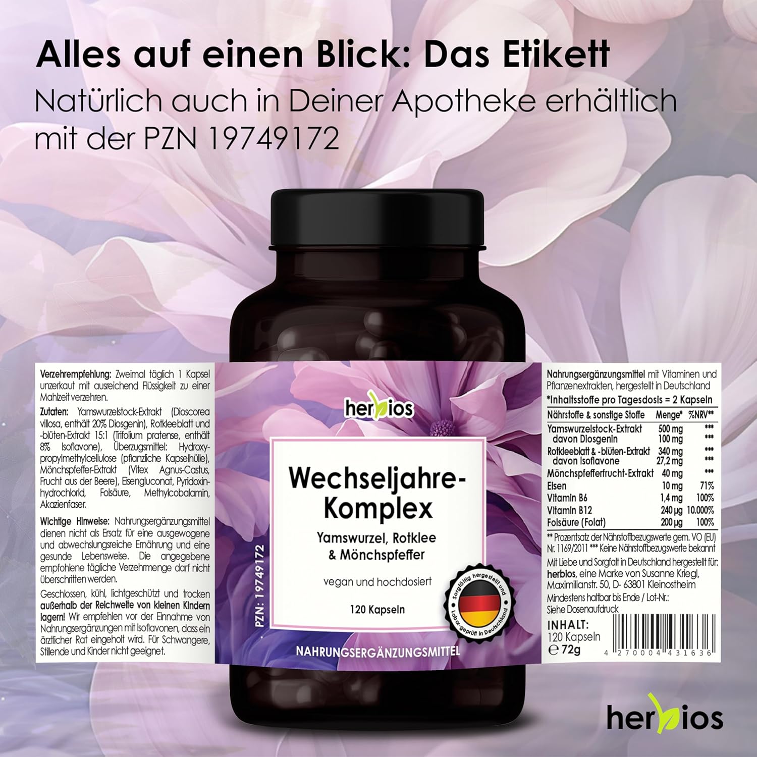 Frühlingsangebot* Menopause-Kapseln – 120 Stück für 2 Monate – Hochdosierte Yamswurzel, Rotklee & Mönchspfeffer – mit Eisenfolsäure & B-Vitaminen – Vegan & Hormonfrei, für Meno-Balance – Bild 8