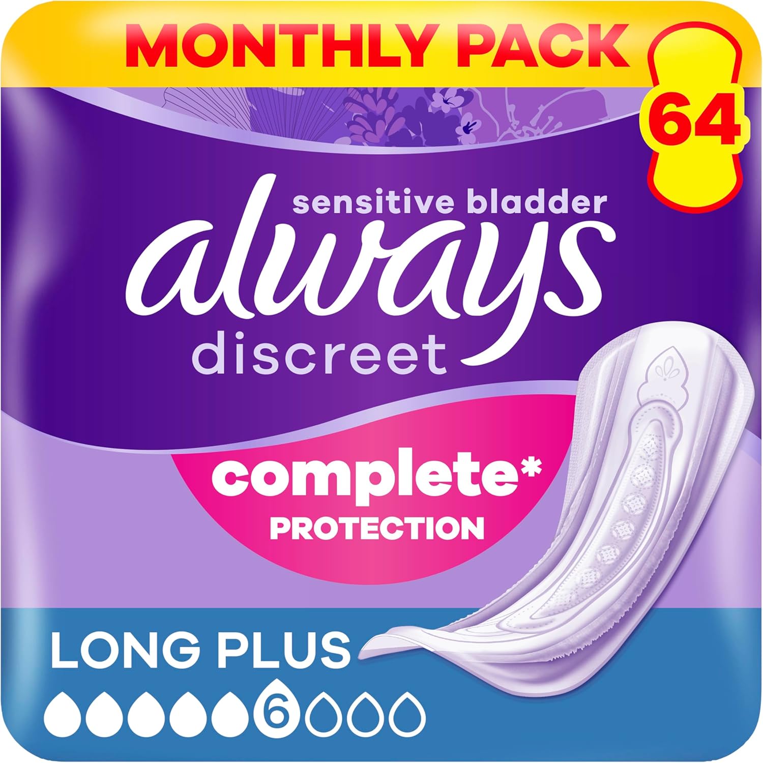 Always Discreet Long Plus Inkontinenzeinlagen, 64 Einlagen (4 x 16 Stück), Monatspackung, diskreter Schutz & hohe Saugfähigkeit, schließt Gerüche und Flüssigkeiten sofort ein (Verpackung kann variieren)