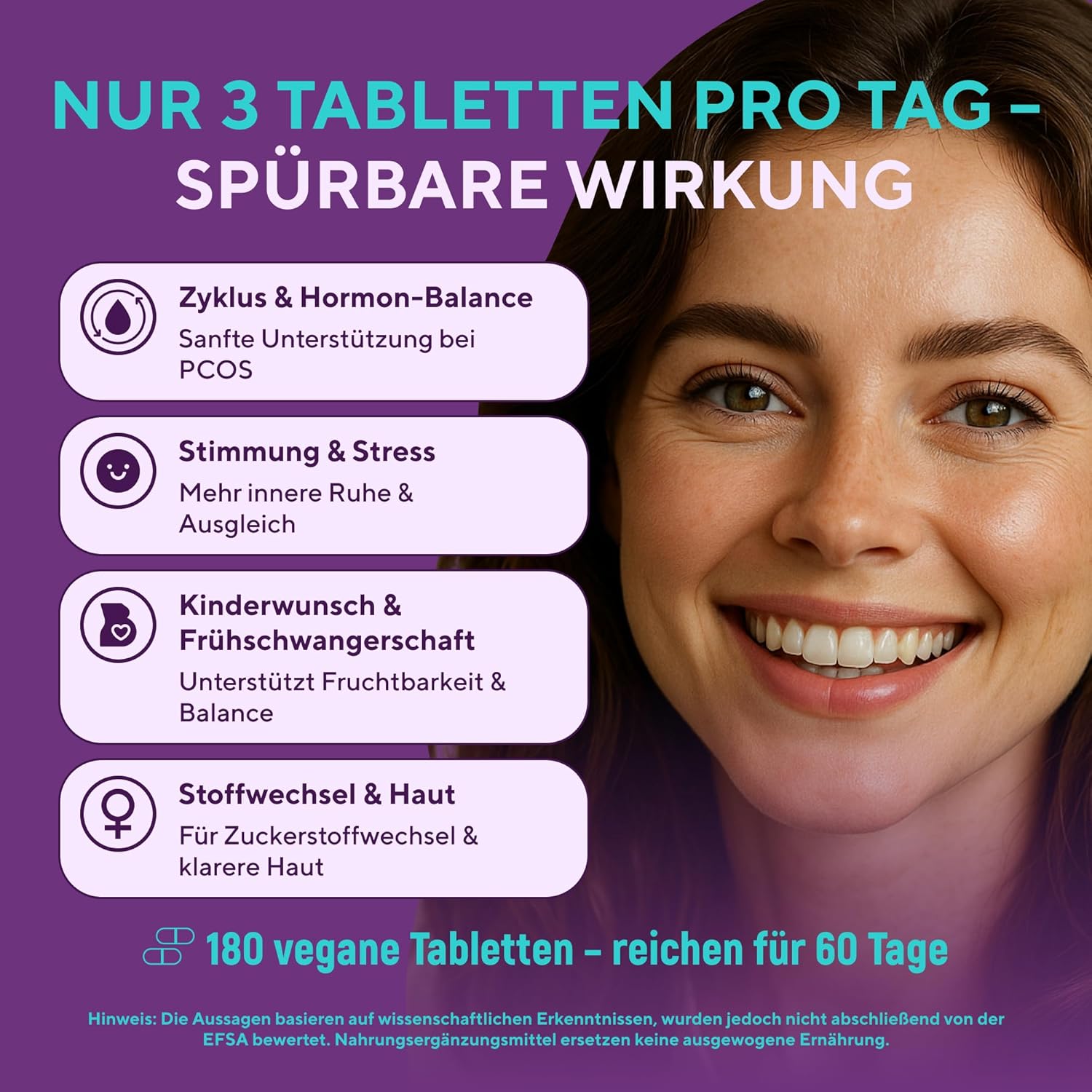 Inositol-Komplex (Tabletten) mit Folsäure – 2200 mg Myo- und D-Chiro-Inositol pro Portion – Unterstützung für Zyklus und Hormonbalance – 180 vegane Tabletten – Laborgetestet – GMP-zertifiziert – Bild 3