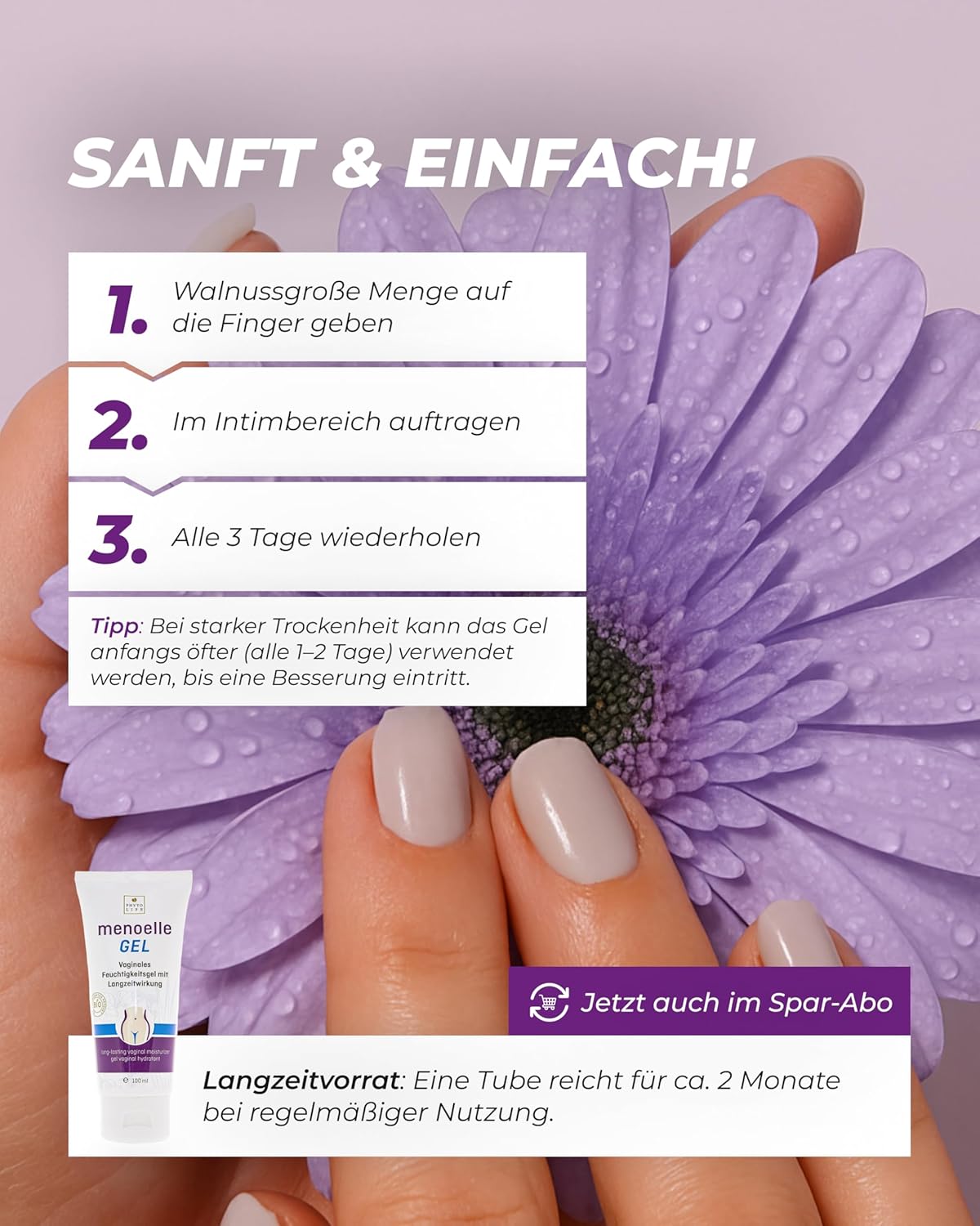 menoelle Bio-Vaginalgel – Vaginales Feuchtigkeitsgel gegen vaginale Trockenheit, Juckreiz, Brennen und Ausfluss – nährt das Vaginalmilieu und reguliert den pH-Wert – für Frauen – 100 ml – Bild 6