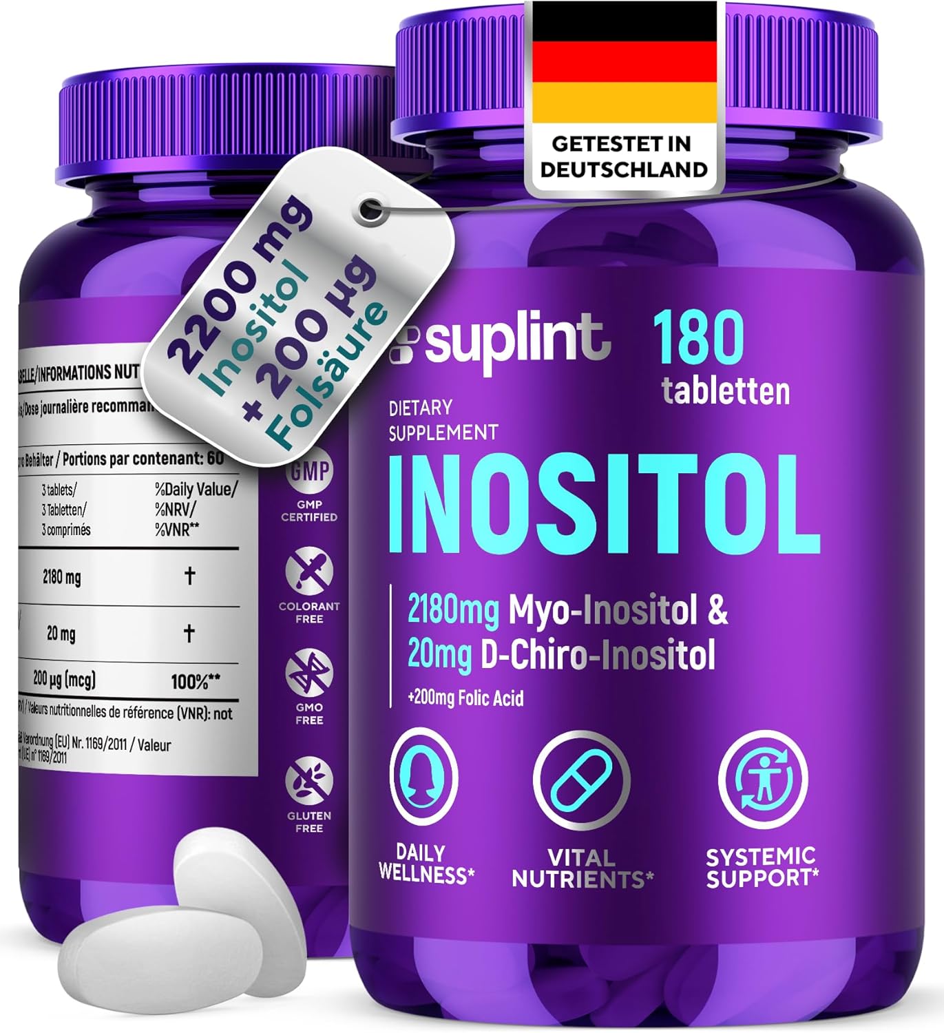 Inositol-Komplex (Tabletten) mit Folsäure – 2200 mg Myo- und D-Chiro-Inositol pro Portion – Unterstützung für Zyklus und Hormonbalance – 180 vegane Tabletten – Laborgetestet – GMP-zertifiziert