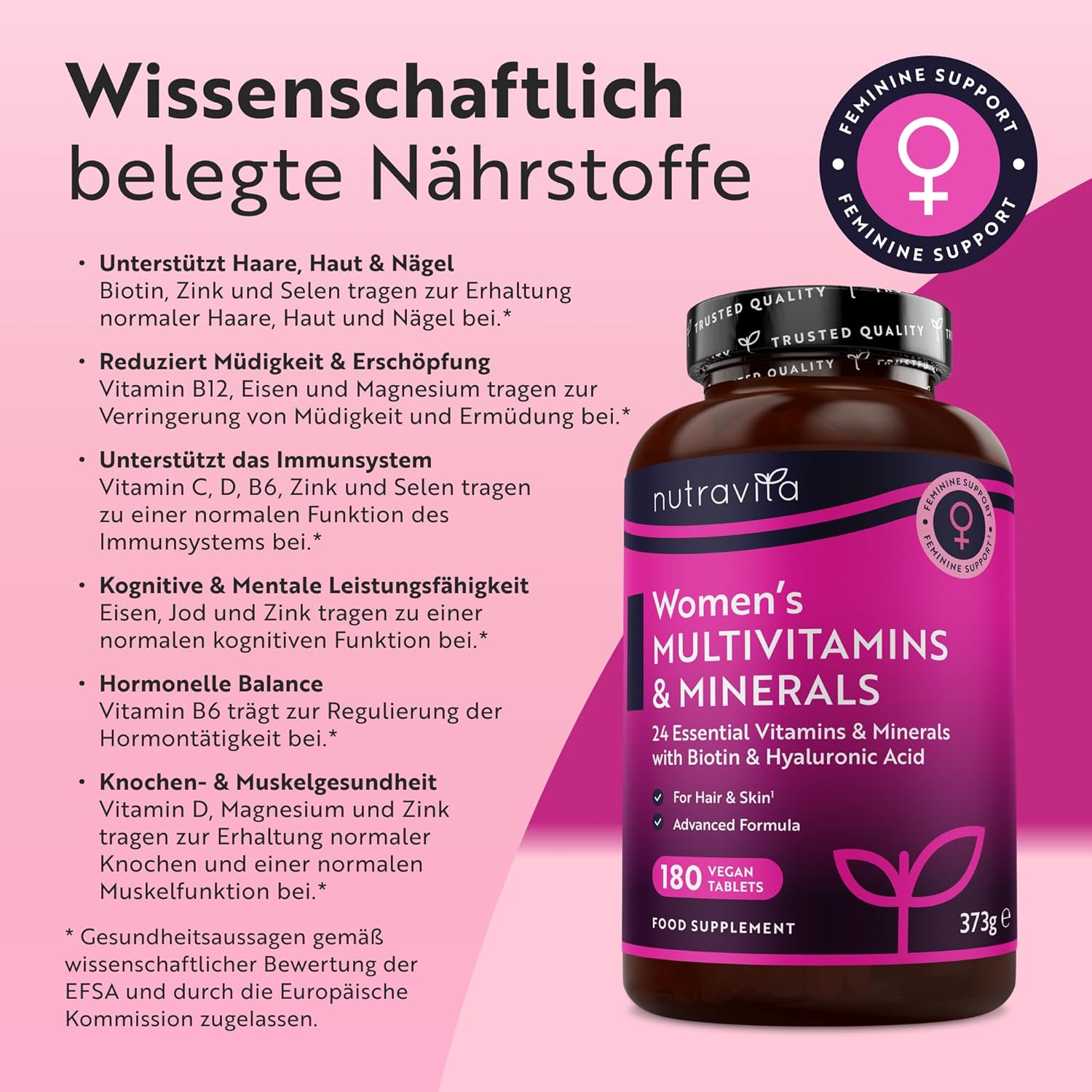 Multivitamine und Mineralien für Frauen – 24 essentielle aktive Vitamine und Mineralien mit zusätzlicher Hyaluronsäure – 180 vegane Tabletten – keine synthetischen Füll- oder Bindemittel – Nutravita – Bild 2