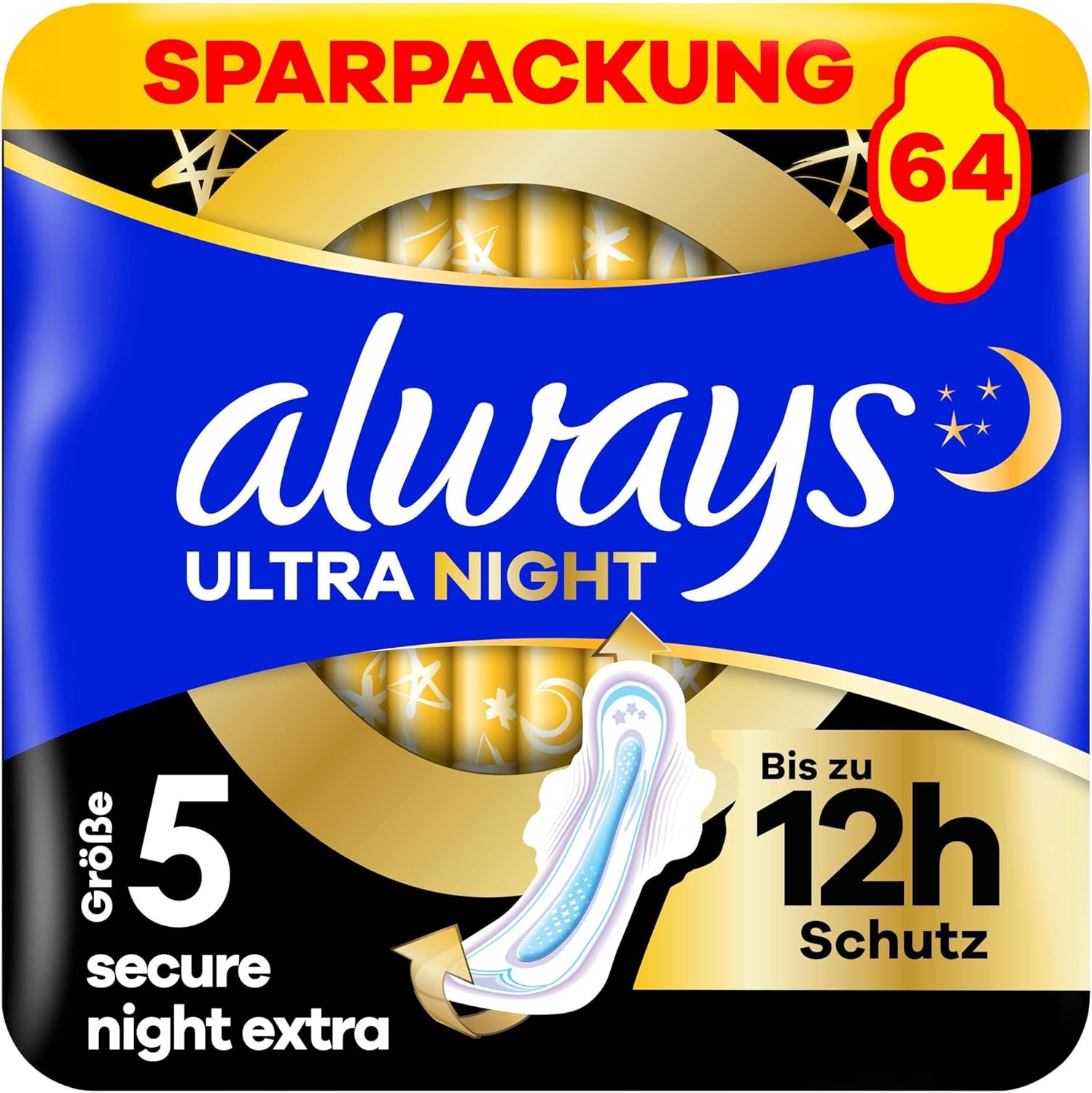 Always Ultra Secure Nachtbinden (Größe 5) mit Flügeln, 64 Stück, super saugfähig und ultradünn, für die Periode
