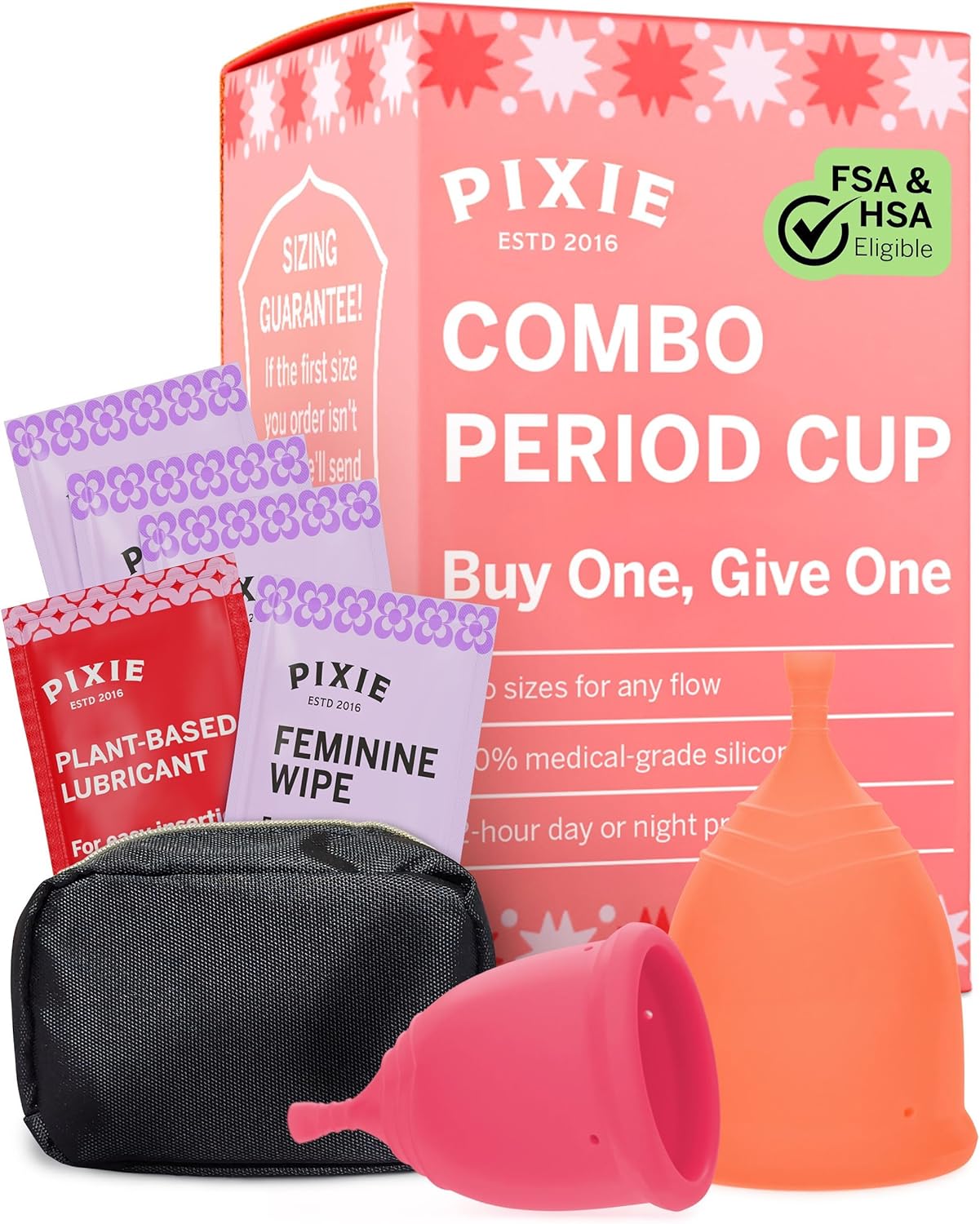 2 Pixie-Menstruationstassen – Keine Metalle und Giftstoffe – Platzieren Sie 1 der weichsten wiederverwendbaren Tassen – 12 Stunden Tragezeit – 100 % medizinisches Silikon – Tampon-Alternative – Kaufen Sie 1, wir spenden 1 (Set)