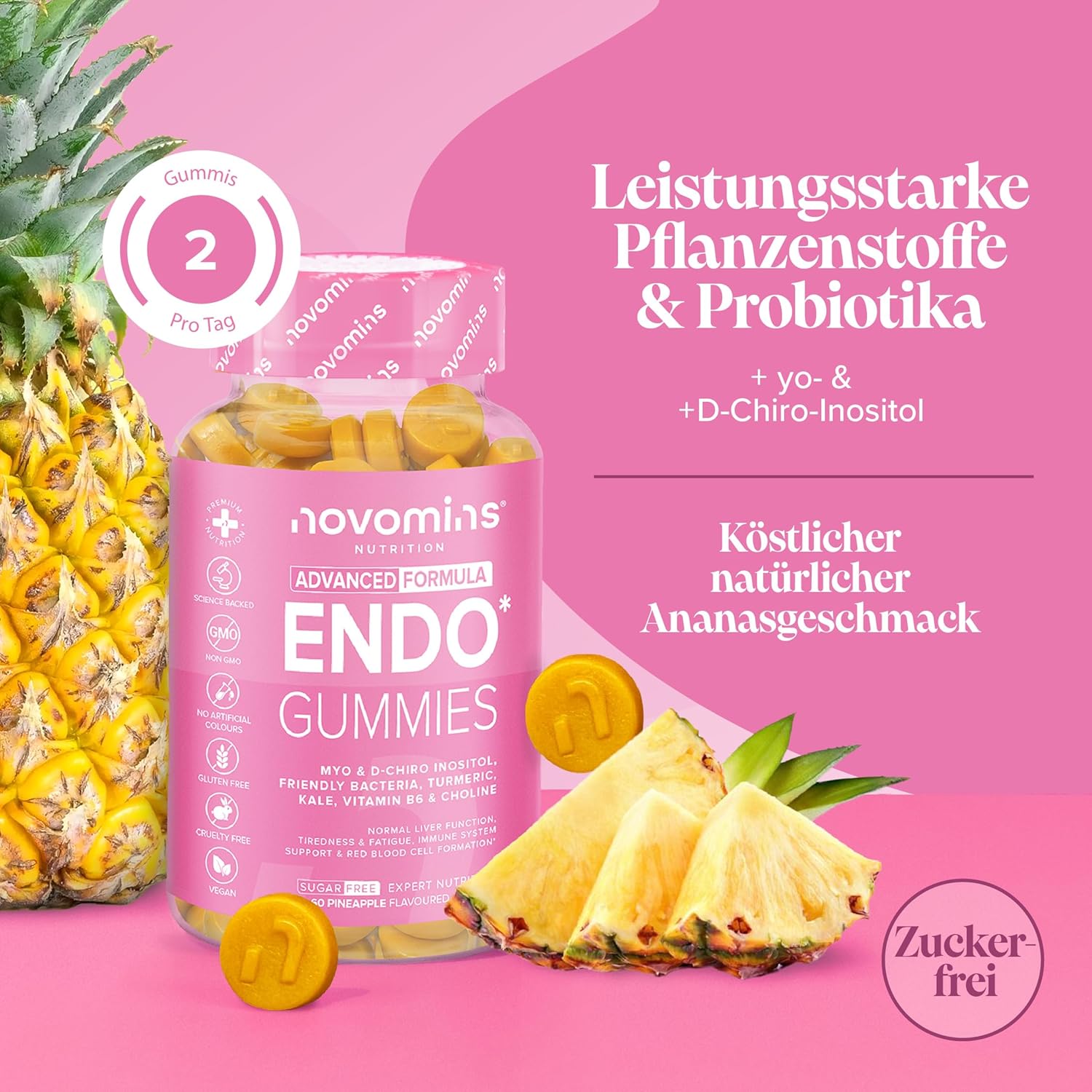 Endo-Gummis – Myo-Inositol & D-Chiro-Inositol (40:1), Vitamin B6, Kurkuma und Probiotika – Vitamine für Frauen mit Endometriose – Hormonelles Gleichgewicht und Intimgesundheit – 60 vegane Gummibärchen – Novom – Bild 2