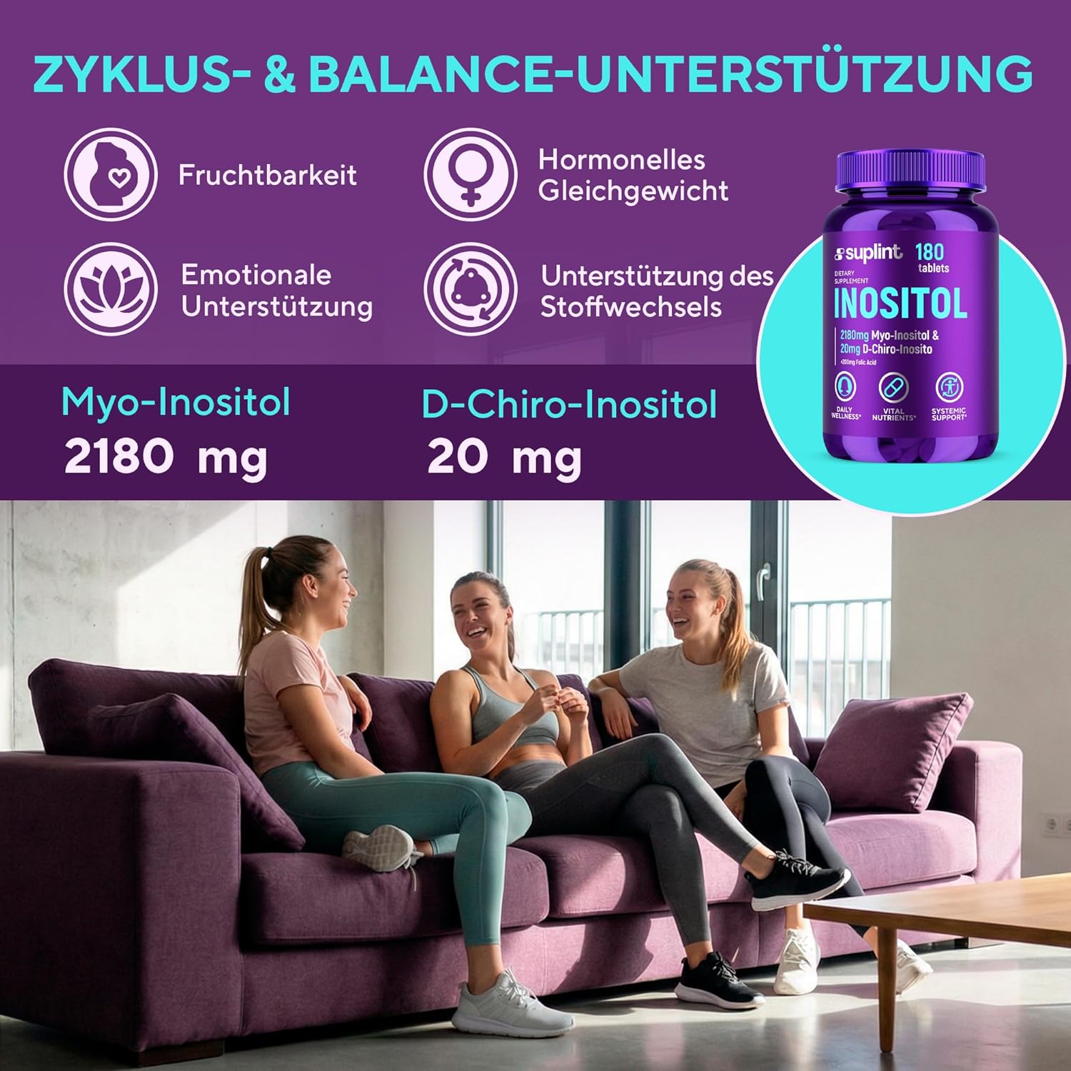 Inositol-Komplex (Tabletten) mit Folsäure – 2200 mg Myo- und D-Chiro-Inositol pro Portion – Unterstützung für Zyklus und Hormonbalance – 180 vegane Tabletten – Laborgetestet – GMP-zertifiziert – Bild 4
