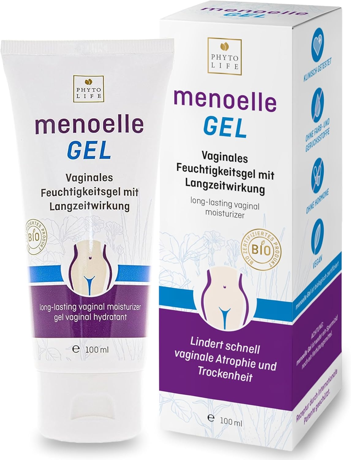 menoelle Bio-Vaginalgel – Vaginales Feuchtigkeitsgel gegen vaginale Trockenheit, Juckreiz, Brennen und Ausfluss – nährt das Vaginalmilieu und reguliert den pH-Wert – für Frauen – 100 ml