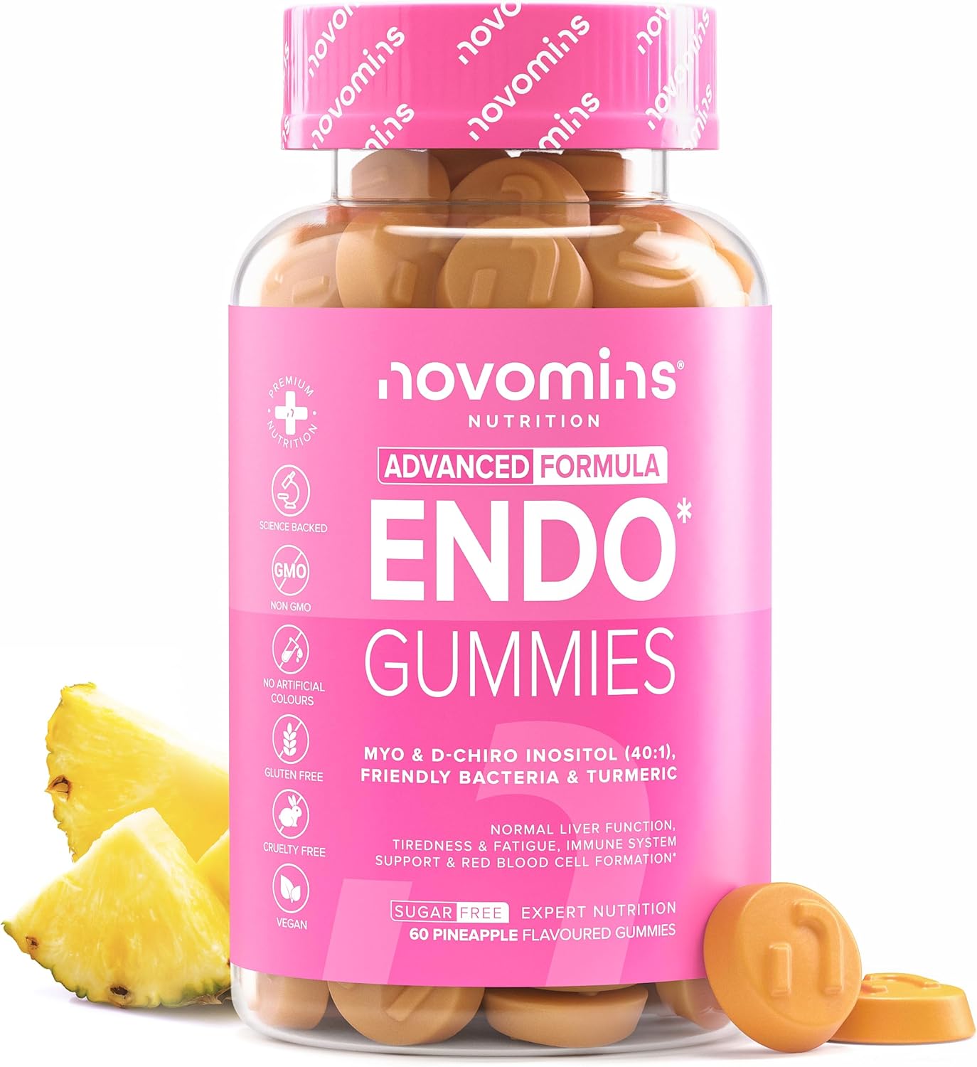 Endo-Gummis – Myo-Inositol & D-Chiro-Inositol (40:1), Vitamin B6, Kurkuma und Probiotika – Vitamine für Frauen mit Endometriose – Hormonelles Gleichgewicht und Intimgesundheit – 60 vegane Gummibärchen – Novom