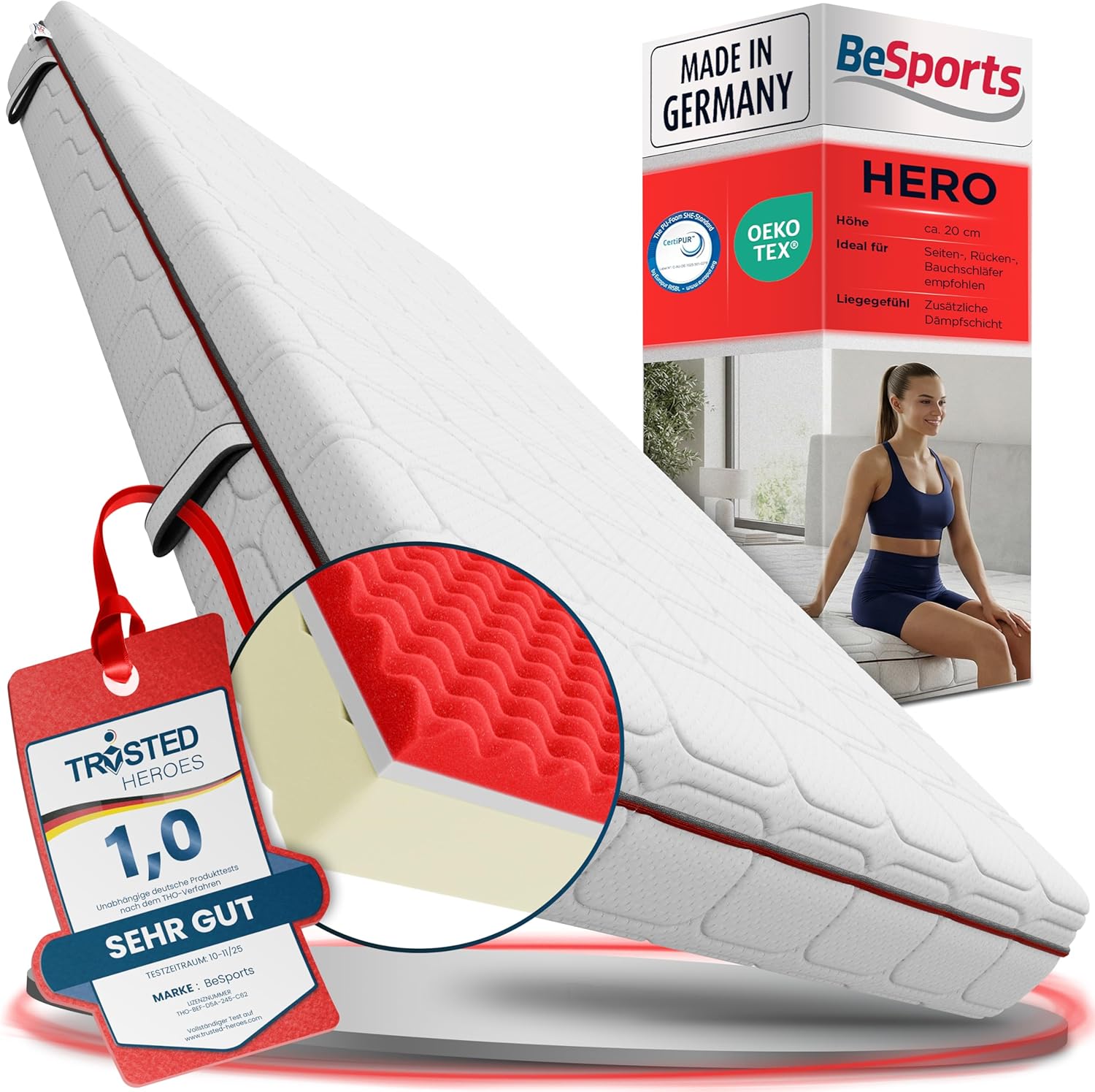 Hero Matratze 7 Zonen 100 x 200 cm, ergonomische Kaltschaummatratze mit zwei Härtegraden H2/H3, hohe Punktelastizität, atmungsaktiver Bezug abnehmbar und waschbar, ideal bei Rücken- und Nackenschmerzen