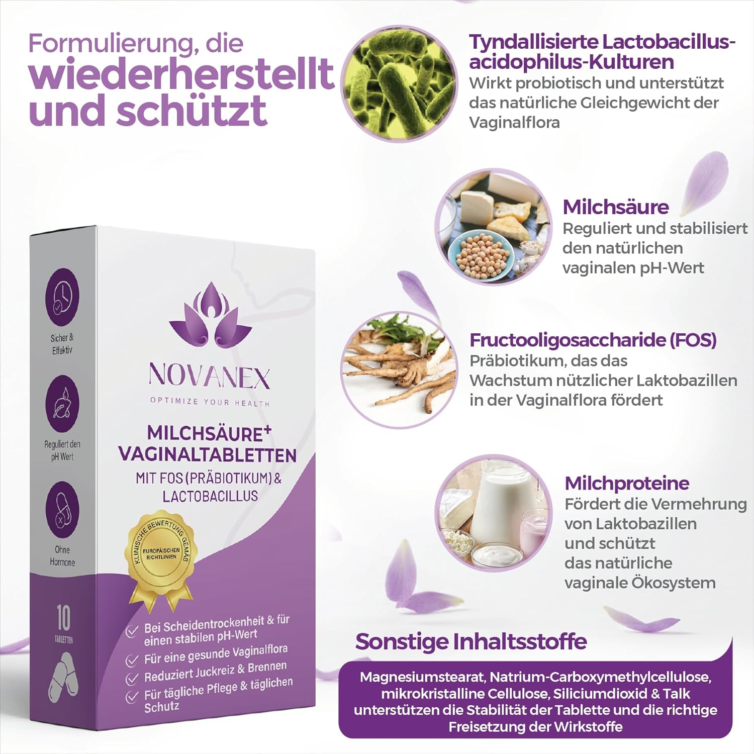 Milchsäure + Vaginaltabletten mit Lactobacillus & FOS – Geeignet bei vaginaler Trockenheit – Unterstützt die Intimflora und den natürlichen vaginalen pH-Wert – Hormonfrei – 10 Tabletten – Bild 3