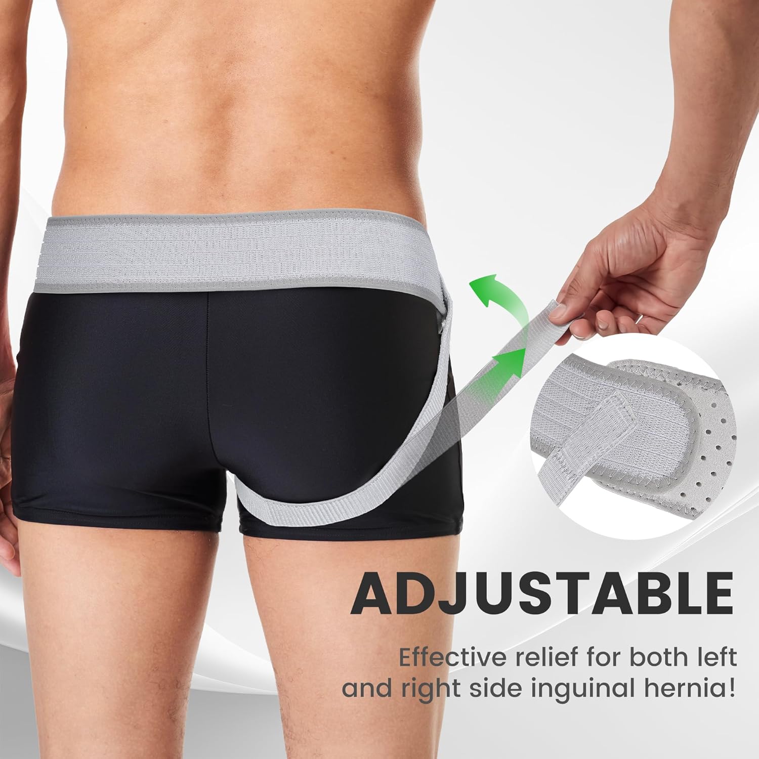 Herniengürtel; Leistenbruchgürtel für Damen und Herren – Leistenbruchbandage links und rechts tragbar – flexibel verstellbarer Leistenbruchgürtel S – Bild 5