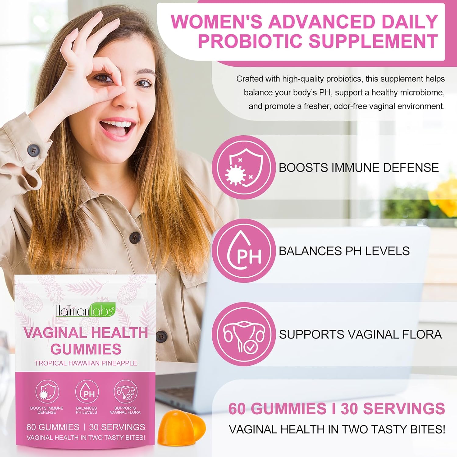 Premium Feminine Balance Gummies – Hawaiianische Ananas, pH-Balance für Frauen, Nahrungsergänzungsmittel für die vaginale Gesundheit von Frauen, Unterstützung des Immunsystems – vegan und glutenfrei (60 Stück) – Bild 2