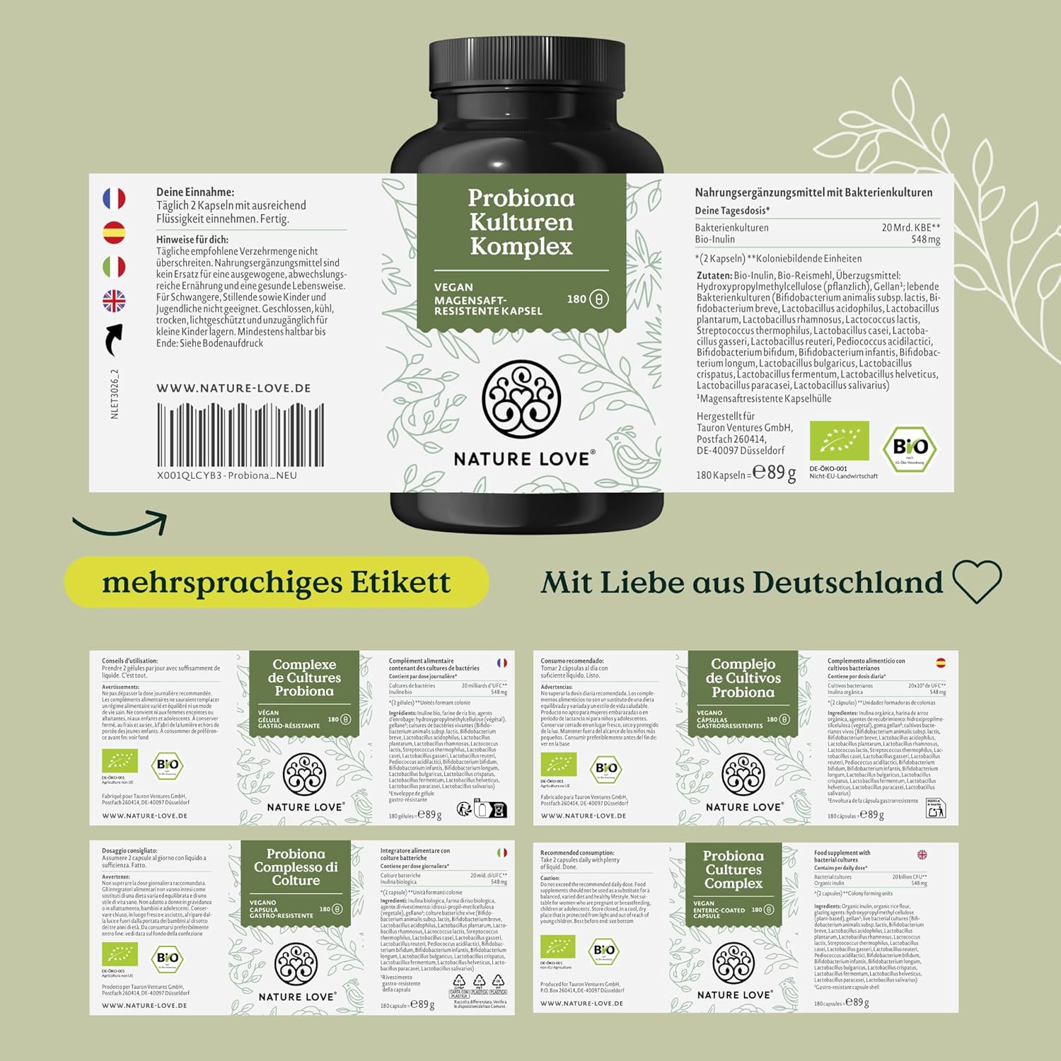 NATURE LOVE® Probiona-Kulturen-Komplex – 20 Bakterienstämme + Bio-Inulin – 180 magensaftresistente Kapseln – hochdosiert: 20 Milliarden KBE pro Tagesdosis – vegan, hergestellt in Deutschland – Bild 7
