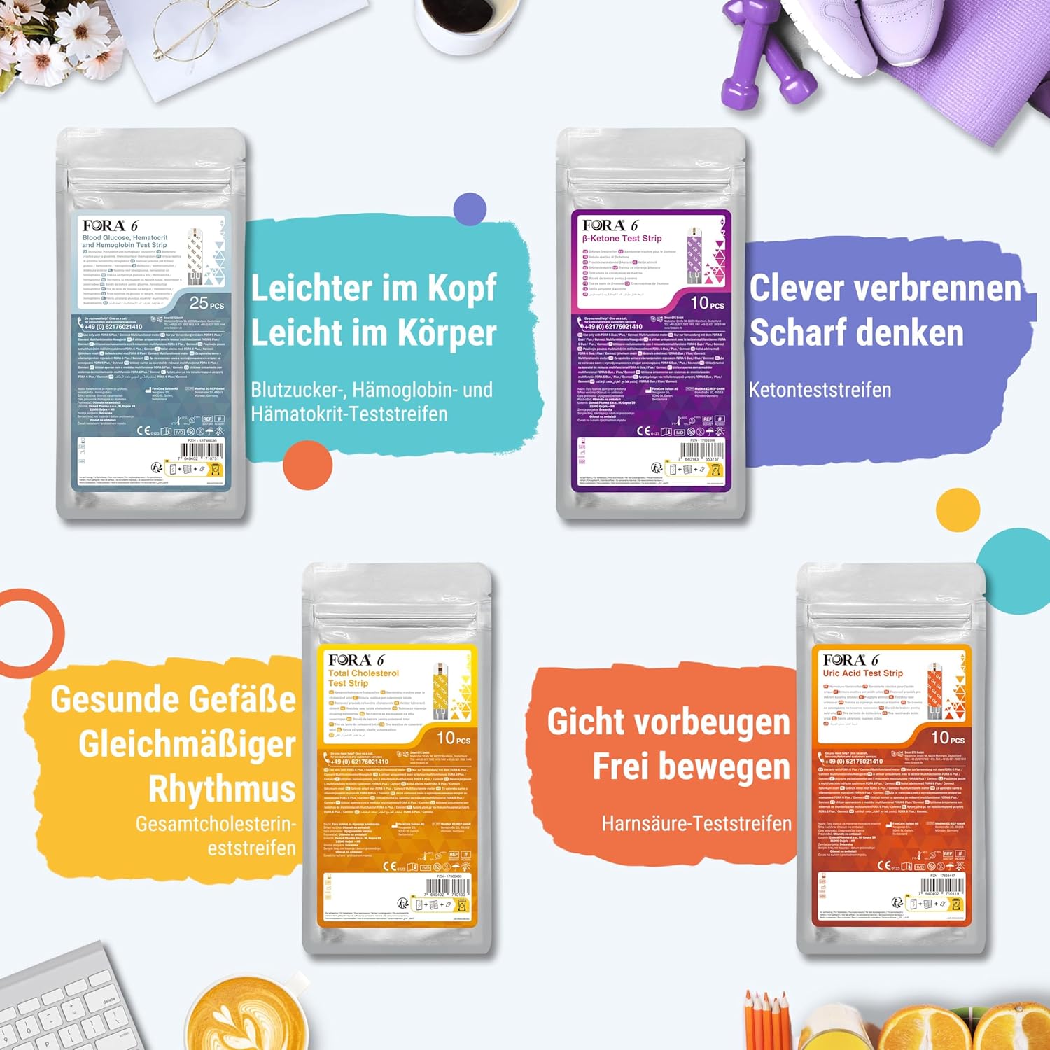 FORA 6 Connect | 4-in-1-Blutzucker-, Keton-, Cholesterin- und Harnsäuremessgerät | Für den Heimgebrauch | Bluetooth & App | Inklusive Teststreifen und Zubehör, Gelb – Bild 3