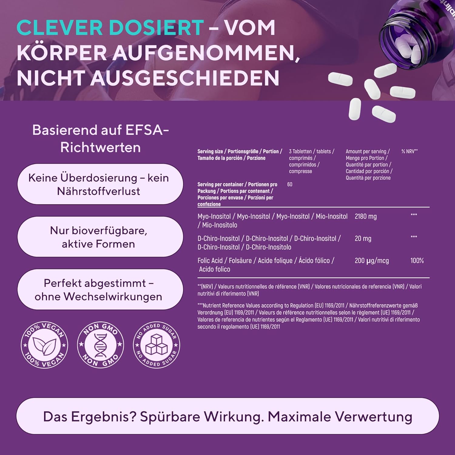 Inositol-Komplex (Tabletten) mit Folsäure – 2200 mg Myo- und D-Chiro-Inositol pro Portion – Unterstützung für Zyklus und Hormonbalance – 180 vegane Tabletten – Laborgetestet – GMP-zertifiziert – Bild 8