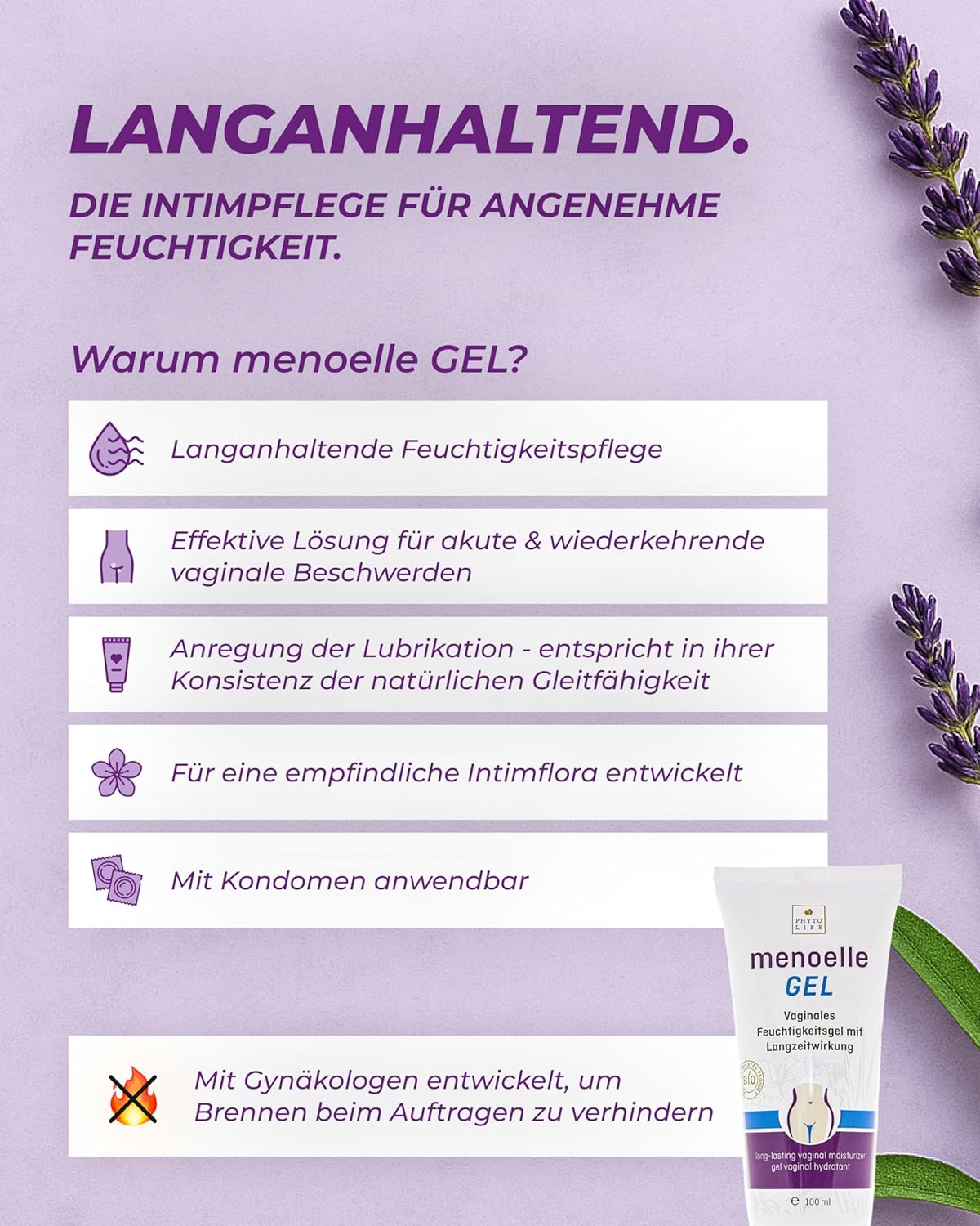 menoelle Bio-Vaginalgel – Vaginales Feuchtigkeitsgel gegen vaginale Trockenheit, Juckreiz, Brennen und Ausfluss – nährt das Vaginalmilieu und reguliert den pH-Wert – für Frauen – 100 ml – Bild 4