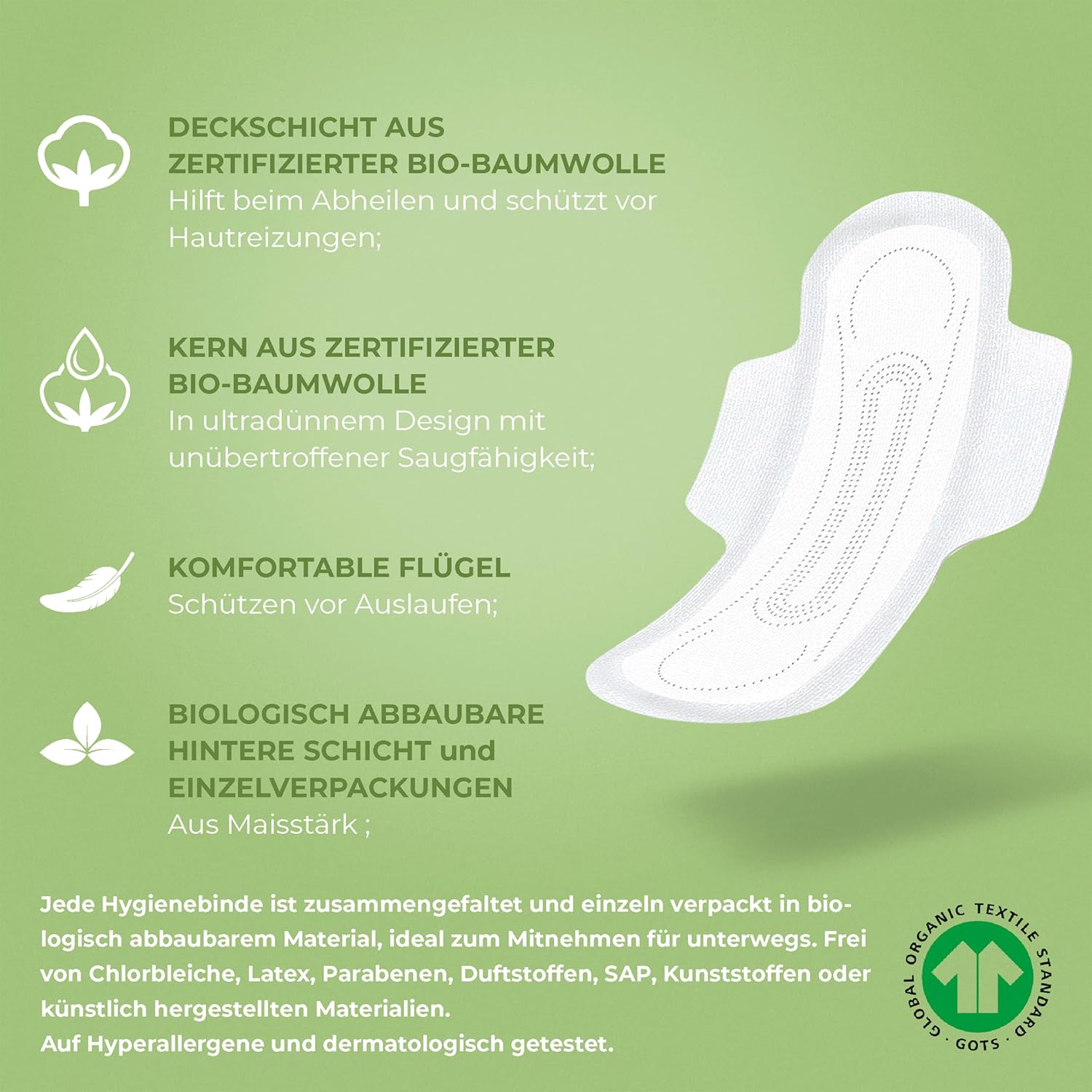 Organyc Nachtbinden mit Flügeln – 100 % Bio-Baumwolle, 4er-Pack (4 x 10) – Bild 4