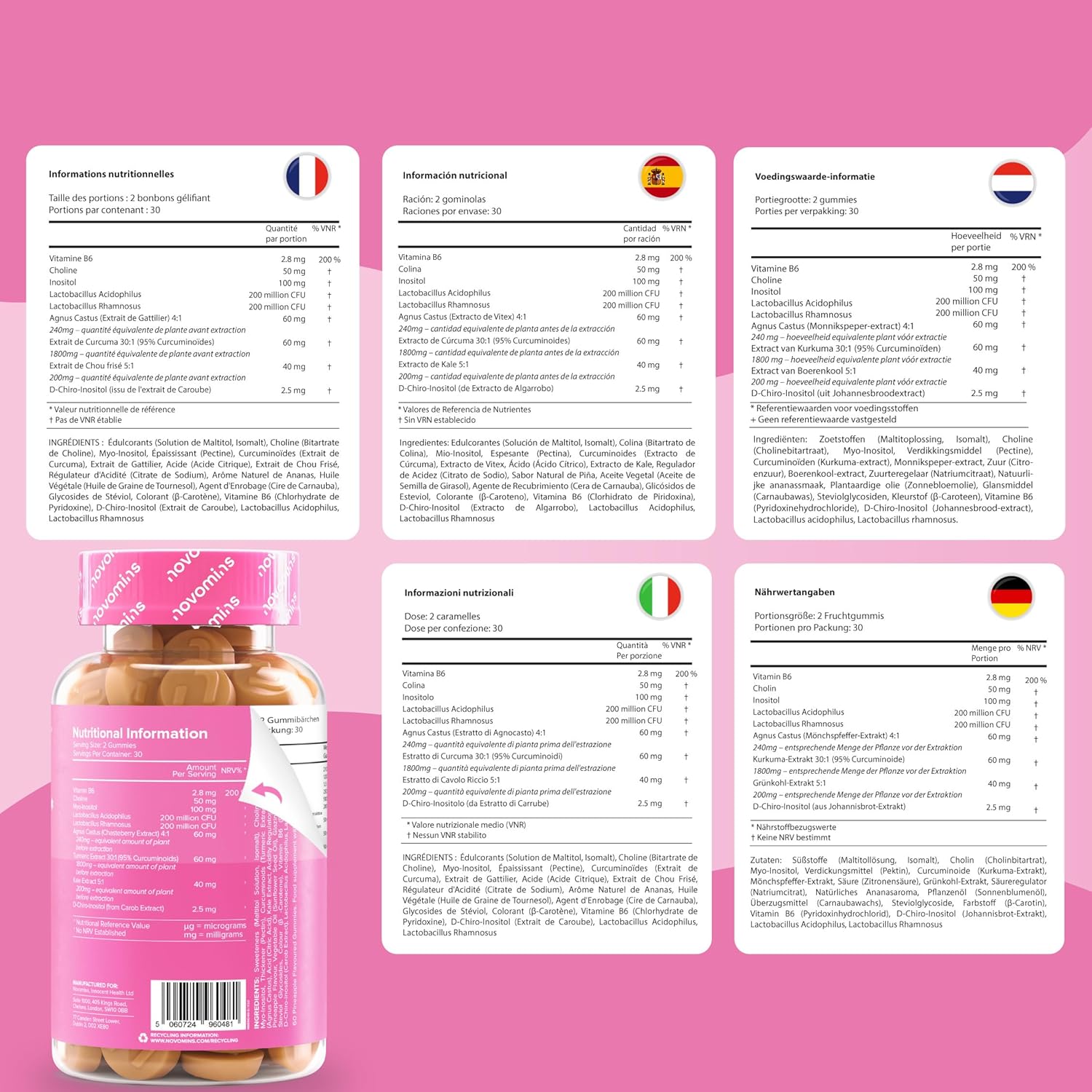 Endo-Gummis – Myo-Inositol & D-Chiro-Inositol (40:1), Vitamin B6, Kurkuma und Probiotika – Vitamine für Frauen mit Endometriose – Hormonelles Gleichgewicht und Intimgesundheit – 60 vegane Gummibärchen – Novom – Bild 7