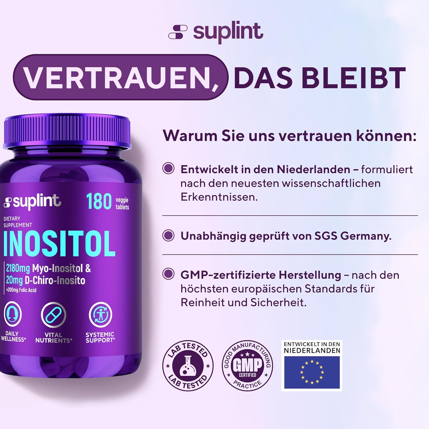Inositol-Komplex (Tabletten) mit Folsäure – 2200 mg Myo- und D-Chiro-Inositol pro Portion – Unterstützung für Zyklus und Hormonbalance – 180 vegane Tabletten – Laborgetestet – GMP-zertifiziert – Bild 2