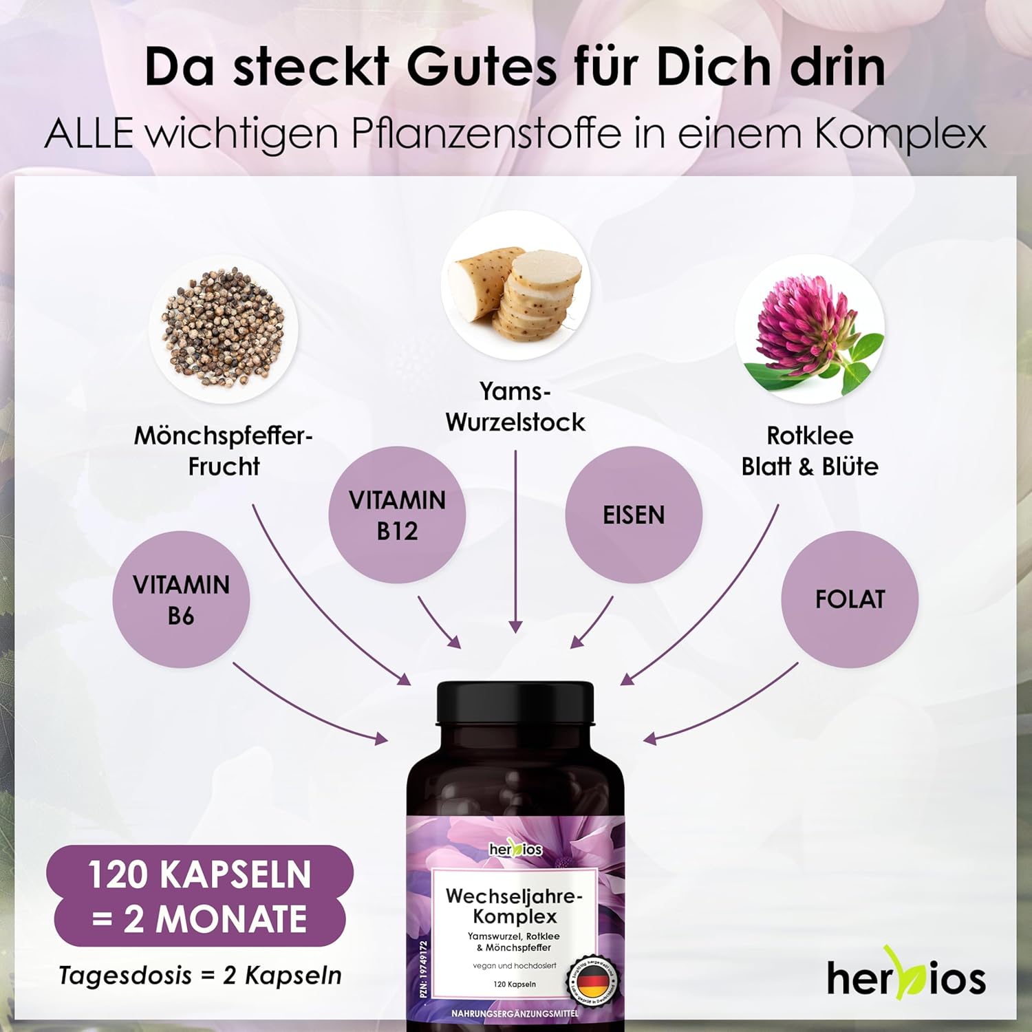 Frühlingsangebot* Menopause-Kapseln – 120 Stück für 2 Monate – Hochdosierte Yamswurzel, Rotklee & Mönchspfeffer – mit Eisenfolsäure & B-Vitaminen – Vegan & Hormonfrei, für Meno-Balance – Bild 3