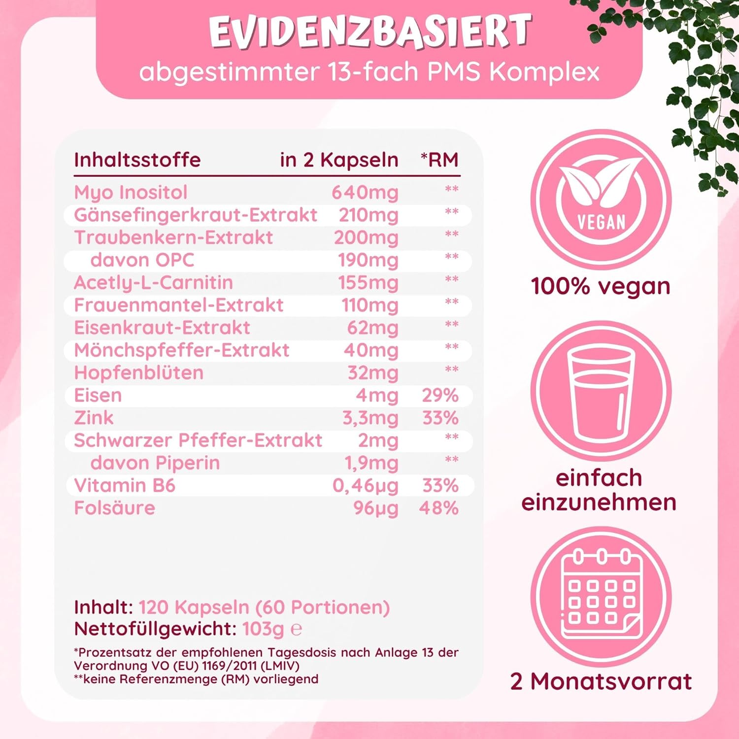 Hormonbalance Frauen – 120 PMS-Kapseln mit Myo-Inositol OPC Goose Finnisches Acetyl-L-Carnitin Frauenmantel Mönchspfeffer Hochdosiert & B6-2-Monatsvorrat – PMS Complex loodus – Bild 4